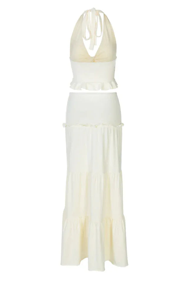 Elegant two-piece maxi skirt set with halter neckline and tiered skirt - View 16 | TEVQA