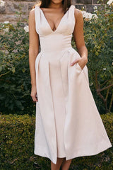 Fitted Satin Midi Dress with V-Neckline - View 8 | TEVQA
