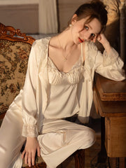 Lace Trim Satin 3-Piece Pajama Set