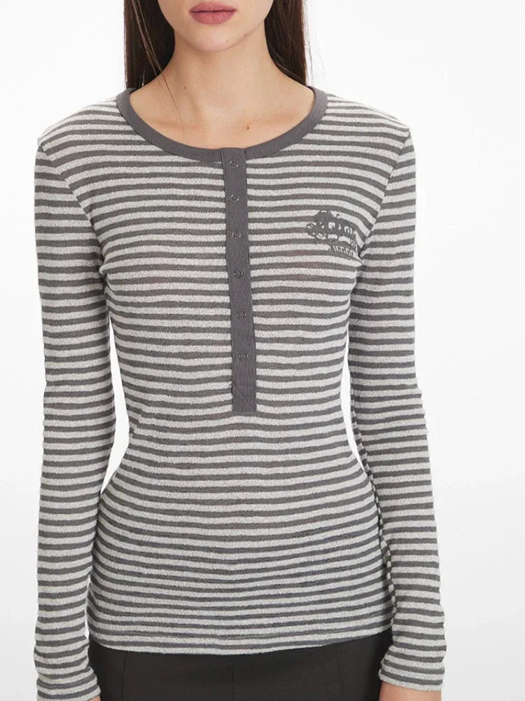 Vintage Grey Striped Henley Long Sleeve Top - TEVQA