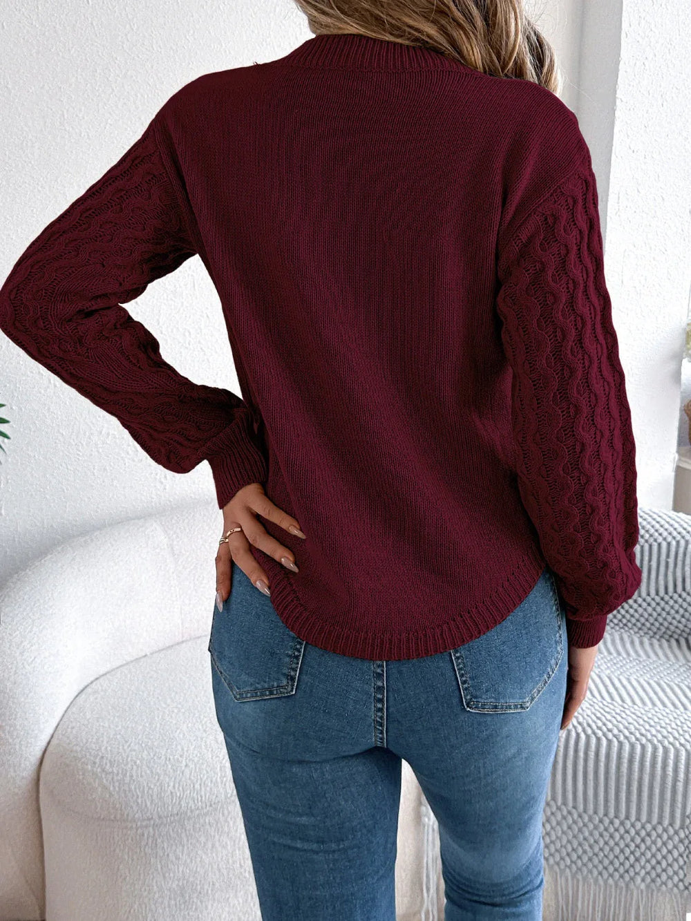 Camel Cable Knit Curved Hem Sweater - TEVQA