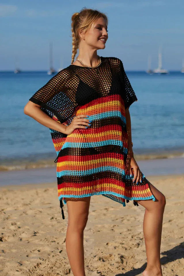 Rainbow Stripe Openwork Slit Cover Up - View 15 | TEVQA