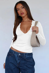 Lace Trim V-Neck Long Sleeve Top - View 26 | TEVQA