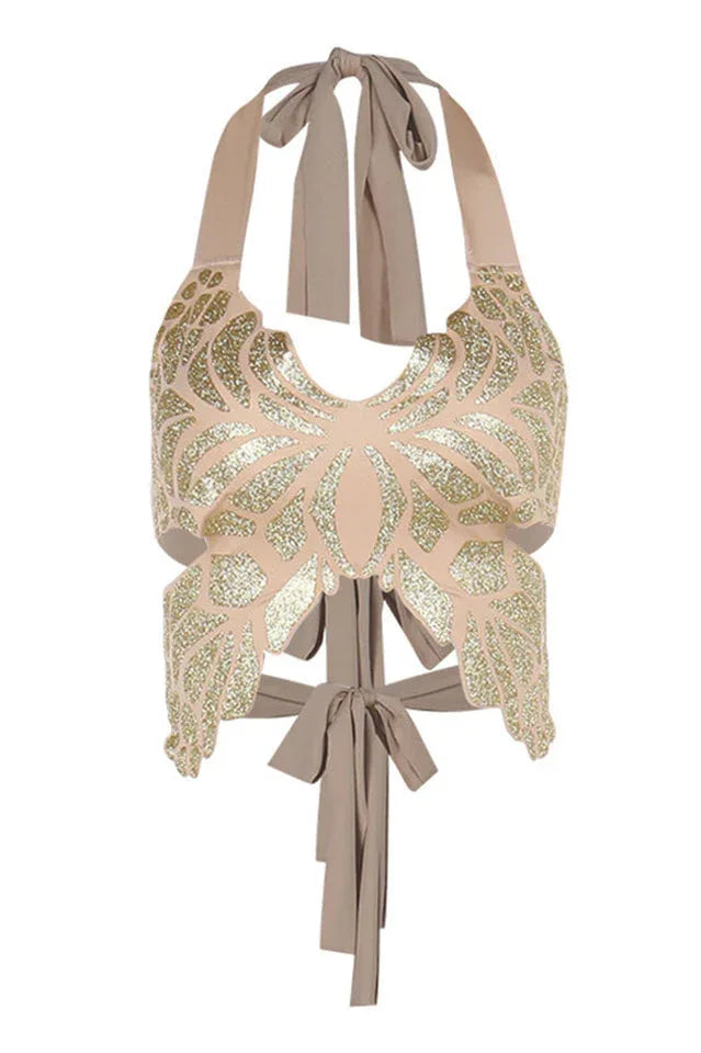 Gold sequin butterfly halter crop top - View 12 | TEVQA