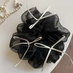 Oversized organza scrunchie with ribbon bows in black - View 6 | TEVQA