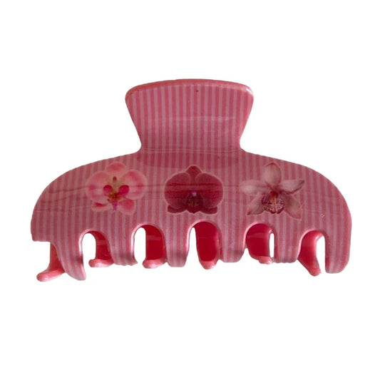 Pink striped claw clip with floral designs
