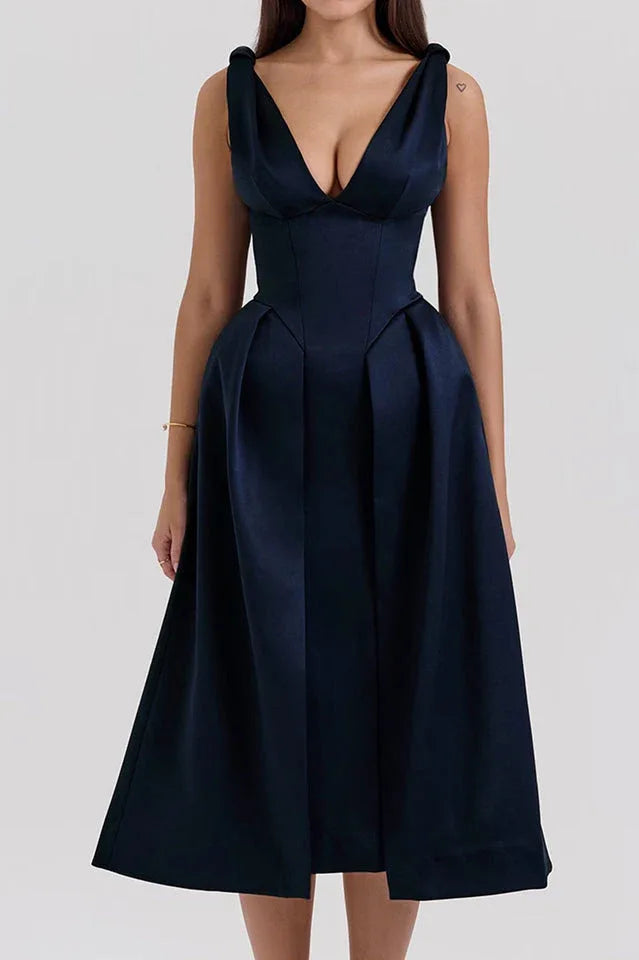 Fitted Satin Midi Dress with V-Neckline - View 9 | TEVQA