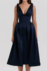 Fitted Satin Midi Dress with V-Neckline - View 9 | TEVQA