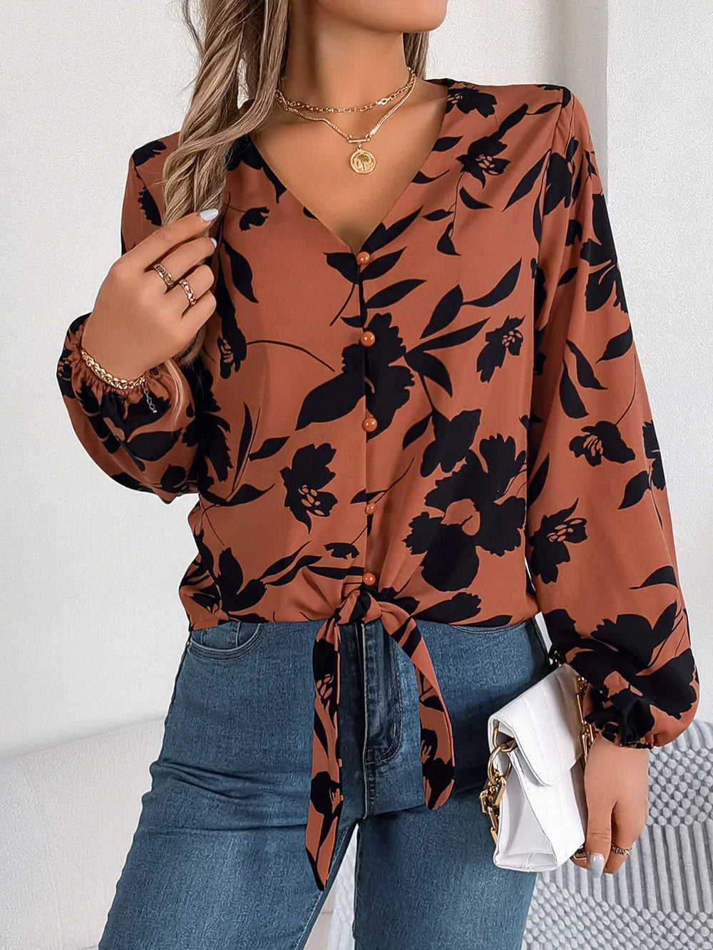 Monochrome floral tie-front blouse - View 11 | TEVQA