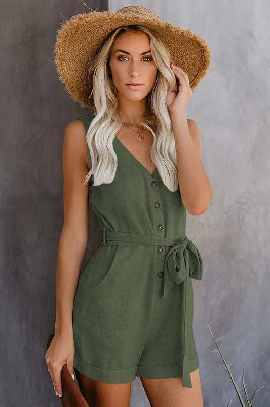 Front Tie Knot Solid Romper - TEVQA