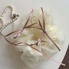 Oversized organza scrunchie with ribbon bows in black - View 7 | TEVQA