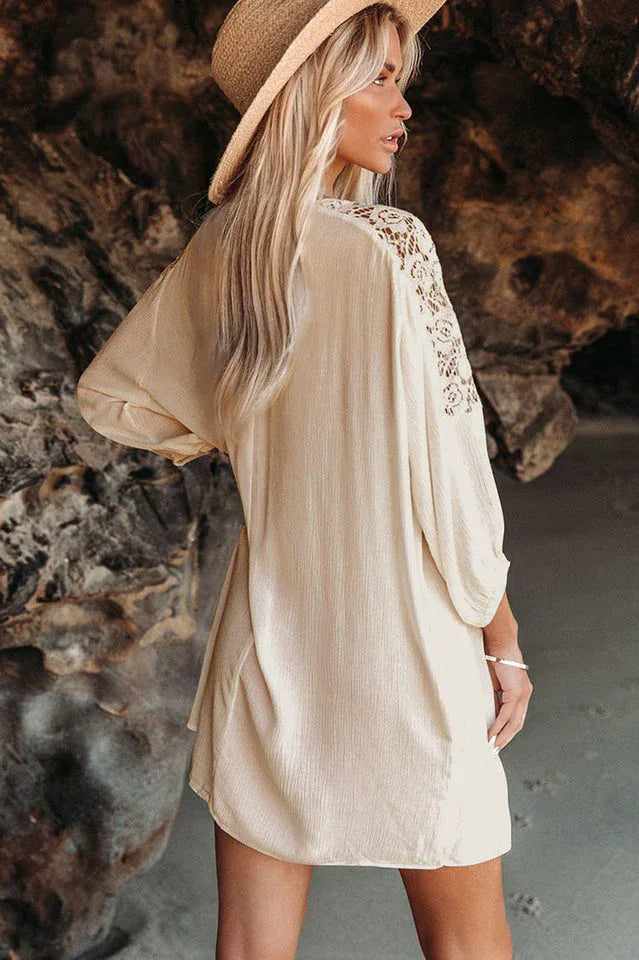 Lace Trim Three-Quarter Sleeve Cover-Up - View 14 | TEVQA