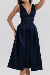 Fitted Satin Midi Dress with V-Neckline - View 10 | TEVQA