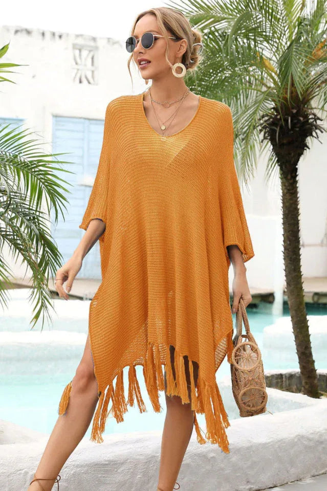 Openwork knit beach cover up with fringe hem - View 22 | TEVQA
