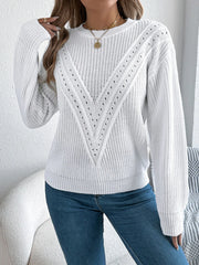 White Pointelle Knit Sweater - TEVQA