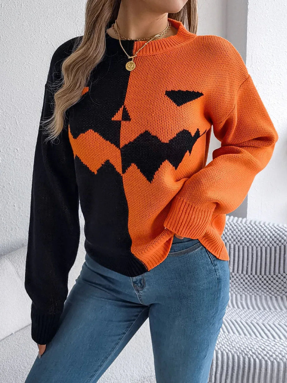 Spooky Chic Split Color Block Pumpkin Sweater - TEVQA