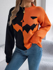 Spooky Chic Split Color Block Pumpkin Sweater - TEVQA