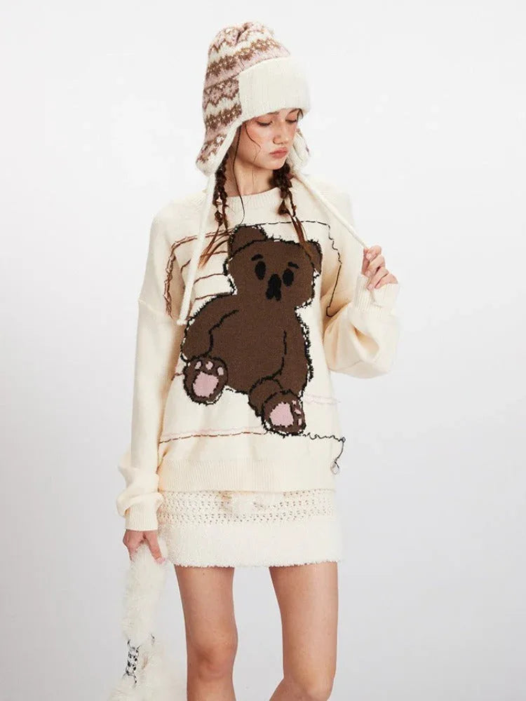 Vintage Cream Sketchy Bear Knit Sweater - TEVQA