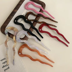 Acetate French Hair Pin with Crystal - 4.9" U-Shaped Chignon Pin