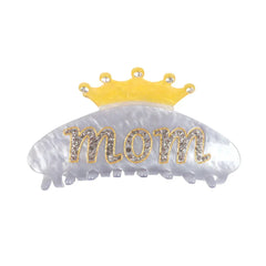 Grey and white marbled claw clip with 'Mom' and a yellow crown