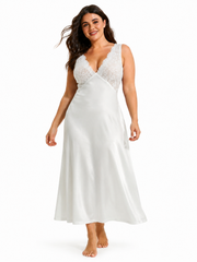 Plus size white satin and lace maxi nightgown, model posing
