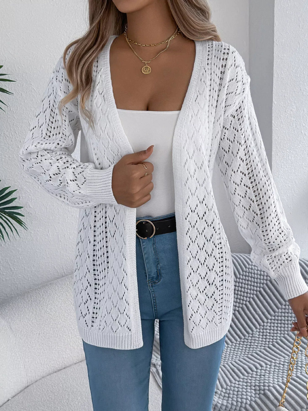 Pointelle Knit Cardigan - View 15 | TEVQA