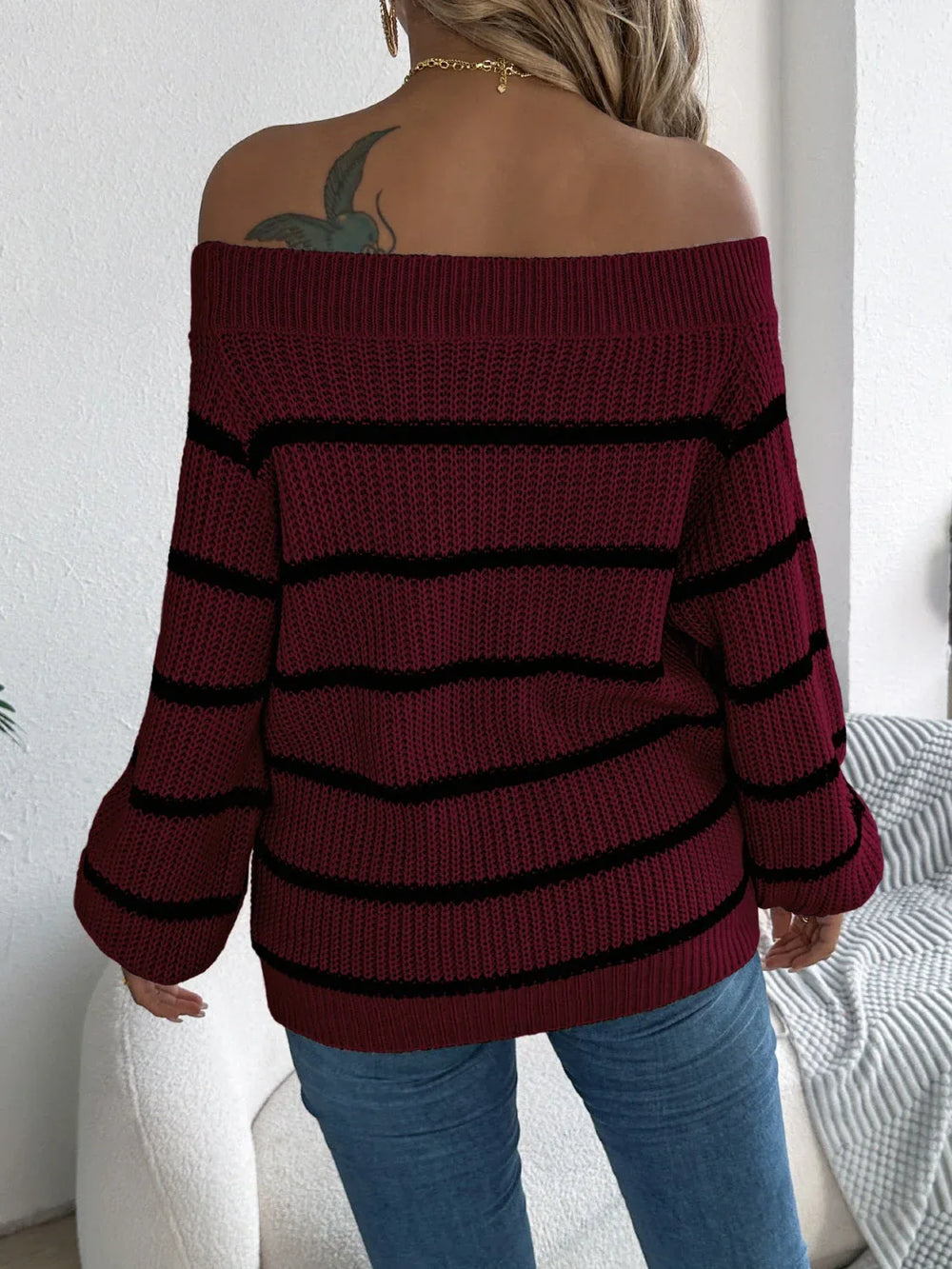 White Striped Off-Shoulder Knit Sweater - TEVQA