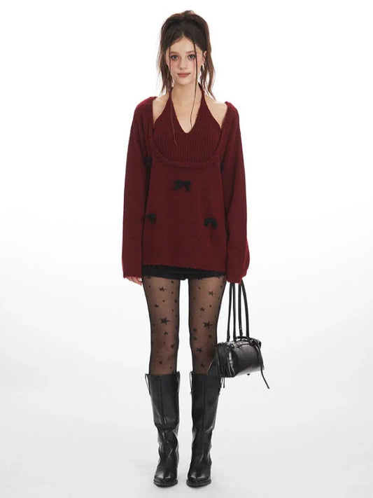 Dark Coquette Burgundy Bow Knit Sweater - TEVQA