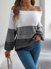 Monochrome Muse Off-Shoulder Color Block Knit Sweater