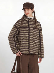 Vintage Brown Striped Sherpa Padded Jacket - TEVQA