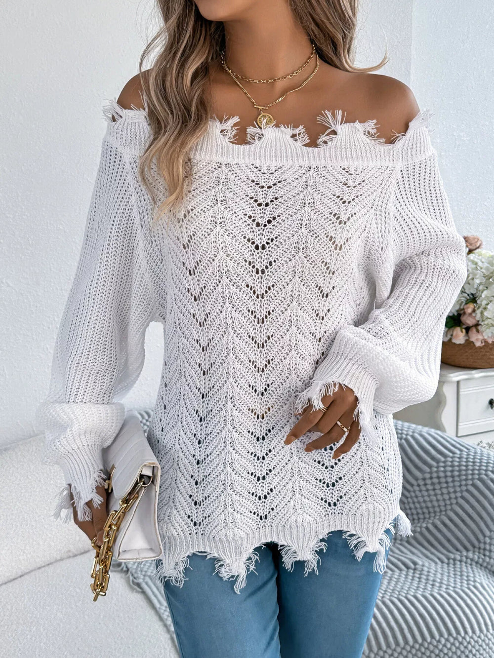 Distressed Off-Shoulder Knit Sweater - View 17 | TEVQA