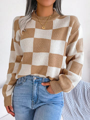 Black and white checkerboard knit mock neck sweater - View 7 | TEVQA