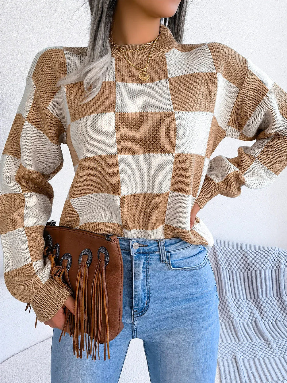 Black and white checkerboard knit mock neck sweater - View 10 | TEVQA
