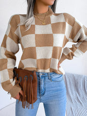 Black and white checkerboard knit mock neck sweater - View 10 | TEVQA