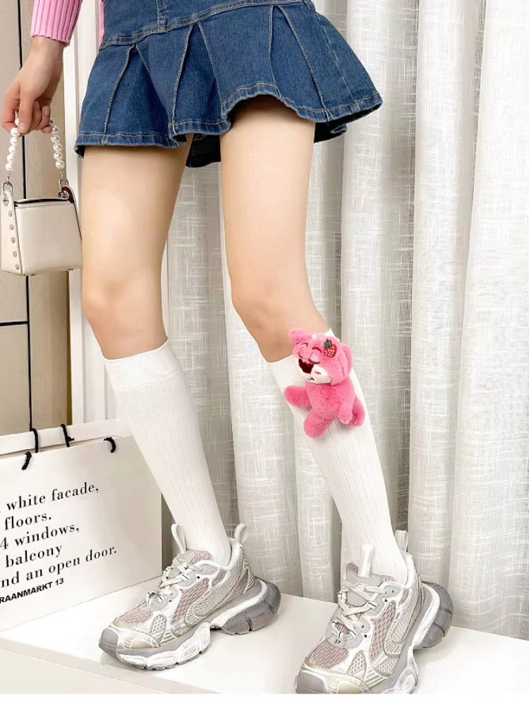 3D Pink Strawberry Bear Plush Socks Kawaii Novelty - TEVQA