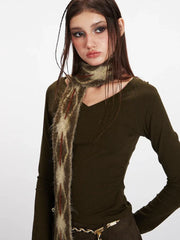 Vintage Dark Olive V-Neck Raglan Crop Top - TEVQA