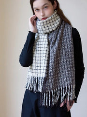 Navy and cream split grid and houndstooth pattern scarf with fringe detail - View 6 | TEVQA