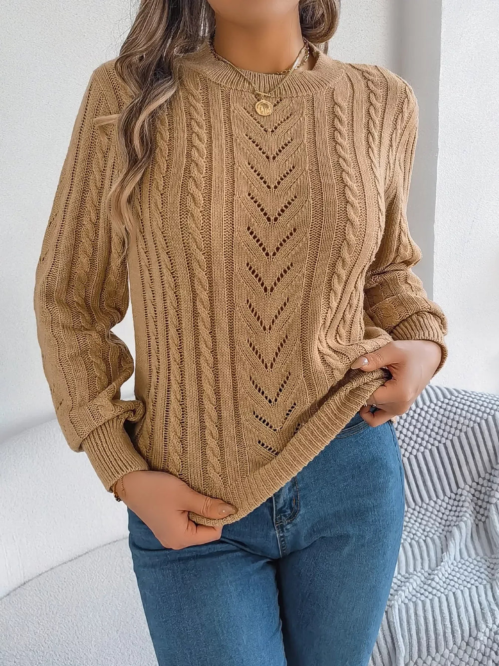 Women's Rust Cable Knit Sweater - TEVQA