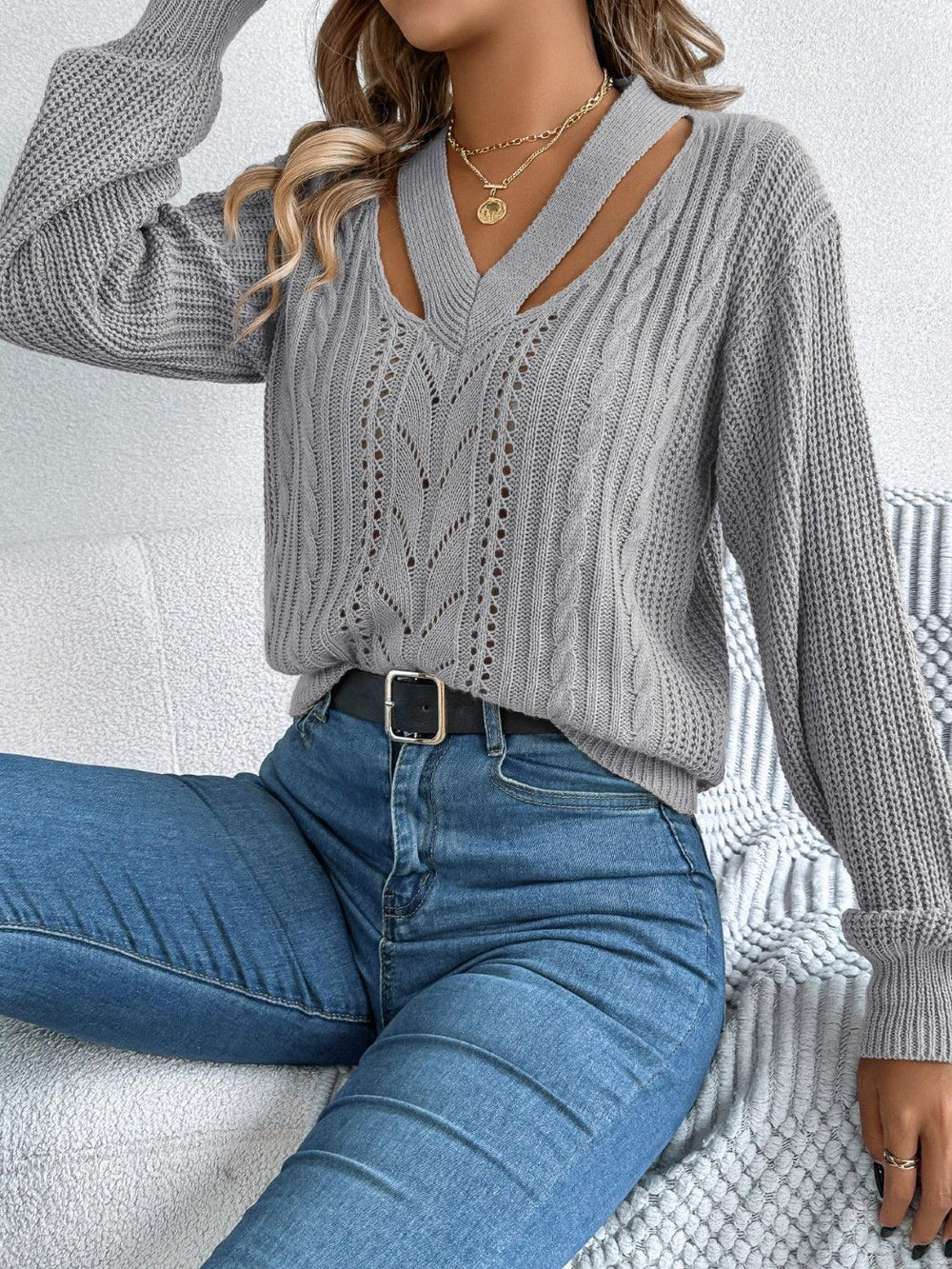 White Cutout V-Neck Cable Knit Sweater - TEVQA