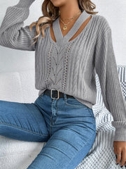 White Cutout V-Neck Cable Knit Sweater - TEVQA