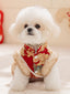 A small white dog wearing a red and gold brocade coat with faux fur trim and pearl accents, sitting down.