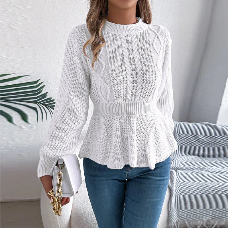 White Cable Knit Peplum Sweater - TEVQA