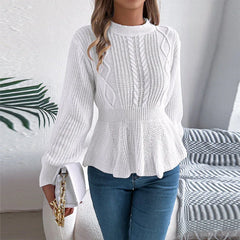 White Cable Knit Peplum Sweater - TEVQA