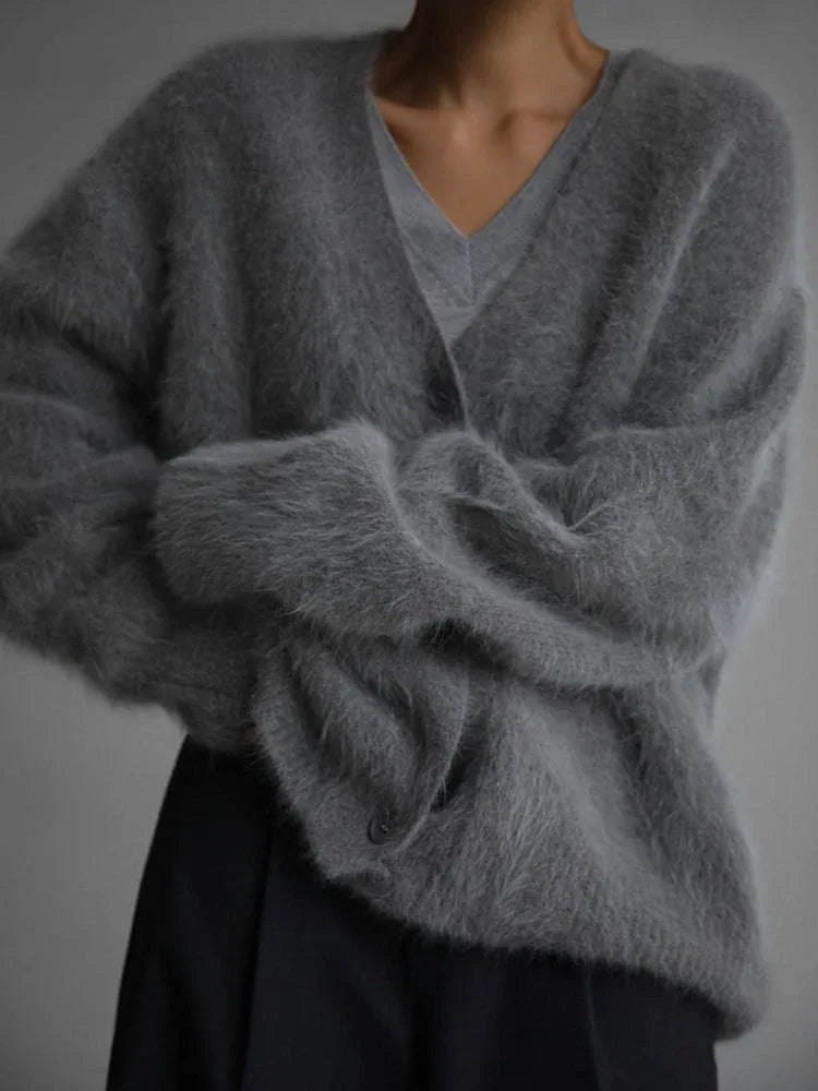 Faux Mink V-Neck Cardigan - View 13 | TEVQA