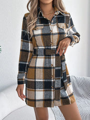 Green Plaid Belted Shirt Dress - View 11 | TEVQA