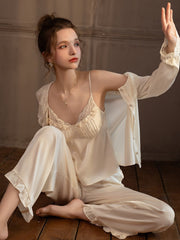 Lace Trim Satin 3-Piece Pajama Set