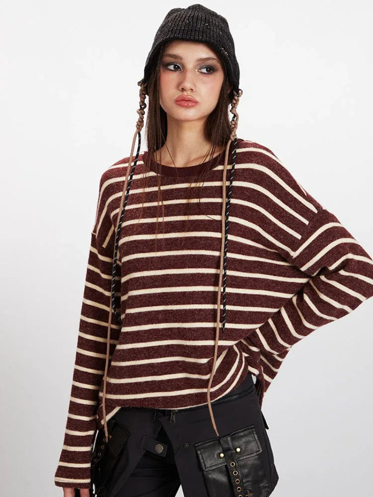 Vintage Burgundy Striped Oversized Long Sleeve Tee - TEVQA