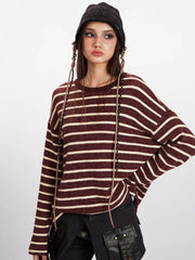 Vintage Burgundy Striped Oversized Long Sleeve Tee - TEVQA