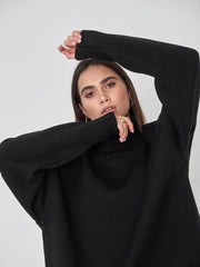 Classic Oversized High Neck Knit Sweater - TEVQA