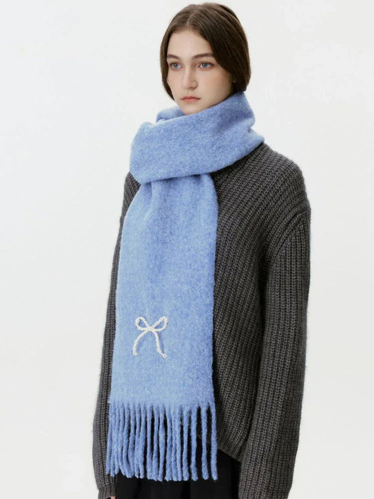 Wool Blend Pearl Bow Scarf - TEVQA